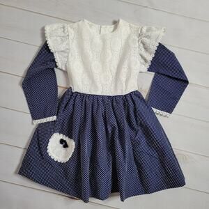 Vintage Loves Blue & White Swiss Dot Pinafore Long Sleeve Dress, Size 6X